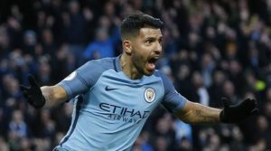 Manchester City's Sergio Aguero celebrates scoring their first goal