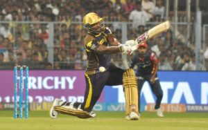 Kolkata: Andre Russell of Kolkata Knight Riders in action during an IPL 2018 match between Kolkata Knight Riders and Delhi Daredevils at the Eden Gardens in Kolkata on April 16, 2018. (Photo: Kuntal Chakrabarty/IANS)