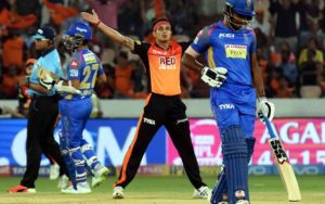 Hyderabad: Hyderabad: Sunrisers Hyderabad's Siddarth Kaul celebrates fall of Ajinkya Rahane's wicket during an IPL 2018 match between Sunrisers Hyderabad and Rajasthan Royals at Rajiv Gandhi International Stadium in Hyderabad on April 9, 2018. (Photo: IANS)